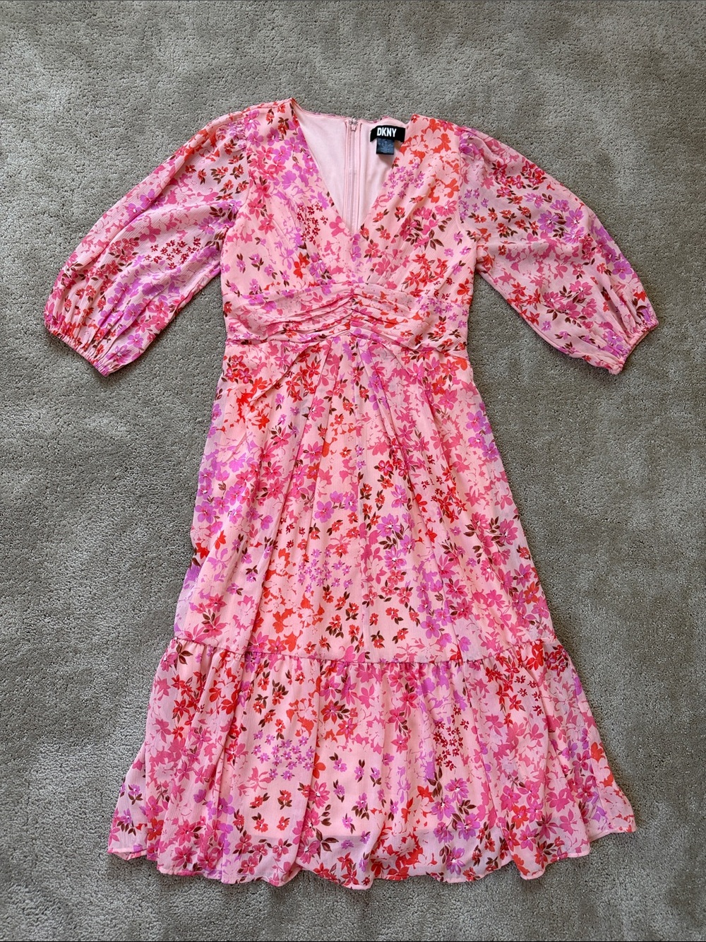 DKNY Pink Floral V-Neck Tiered Midi Garden Wedding Guest Dress